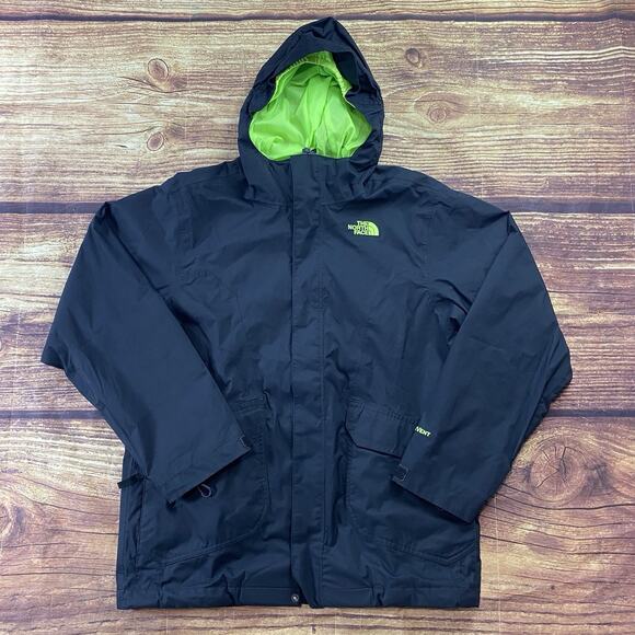 The North Face Boys L 14/16 Jacket Black Neon Green Hooded Raincoat Hyvent - Picture 1 of 7